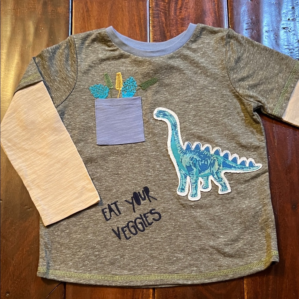 Mud Pie Gray and Beige Dinosaur Long Sleeve Tee
